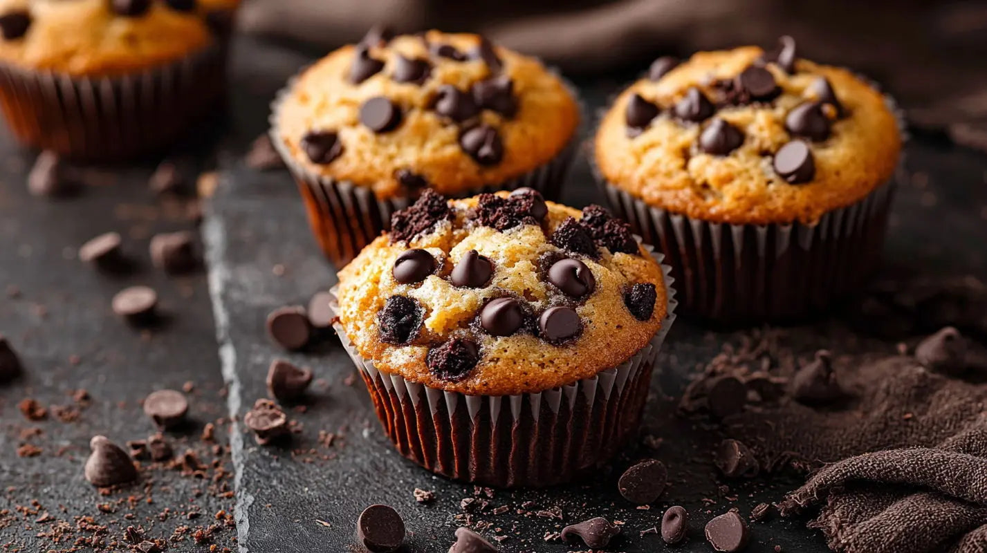 four_chocolate_chip_muffins_n_the_black_skin_like_surface
