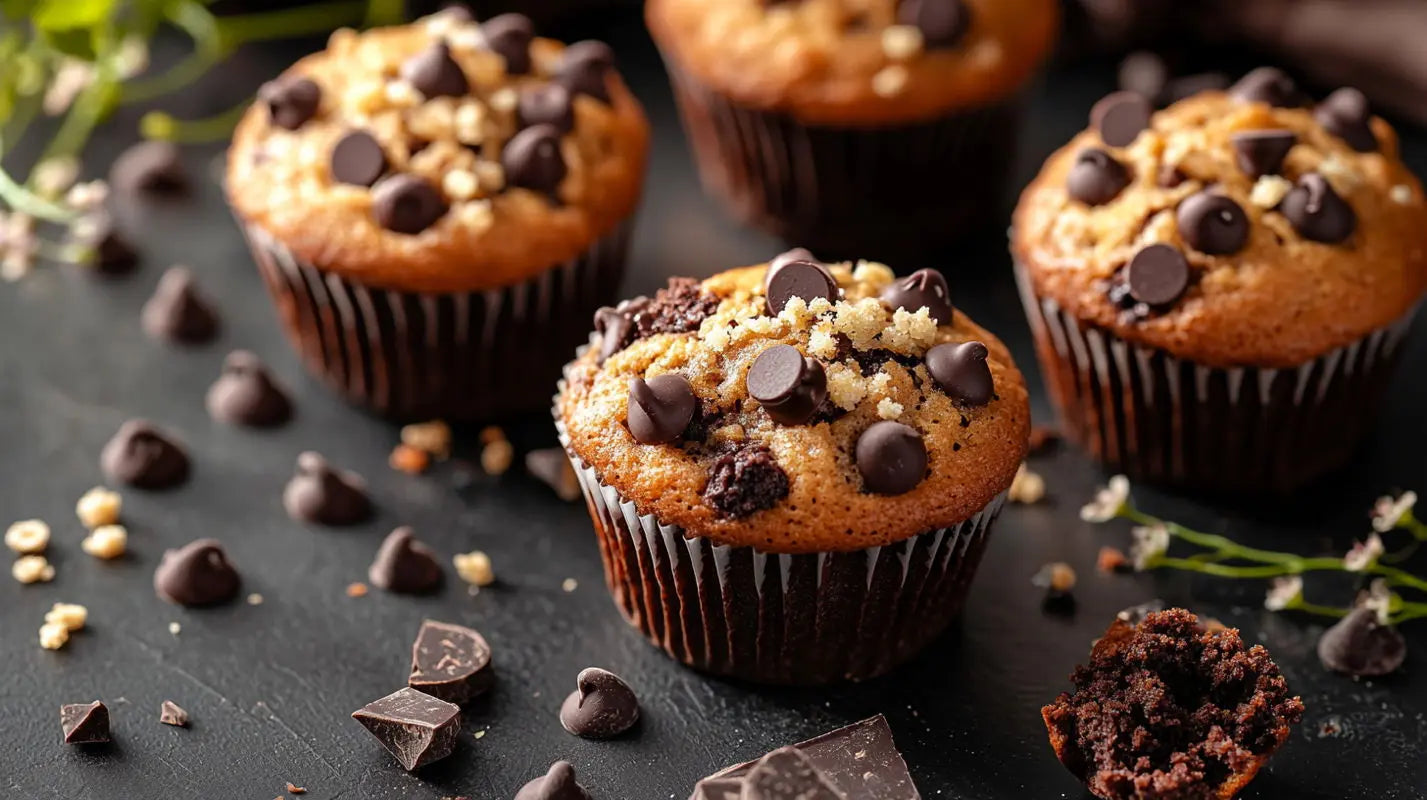 4_chocolate_chip_muffins_n_the_black_skin_like_surface_decorated
