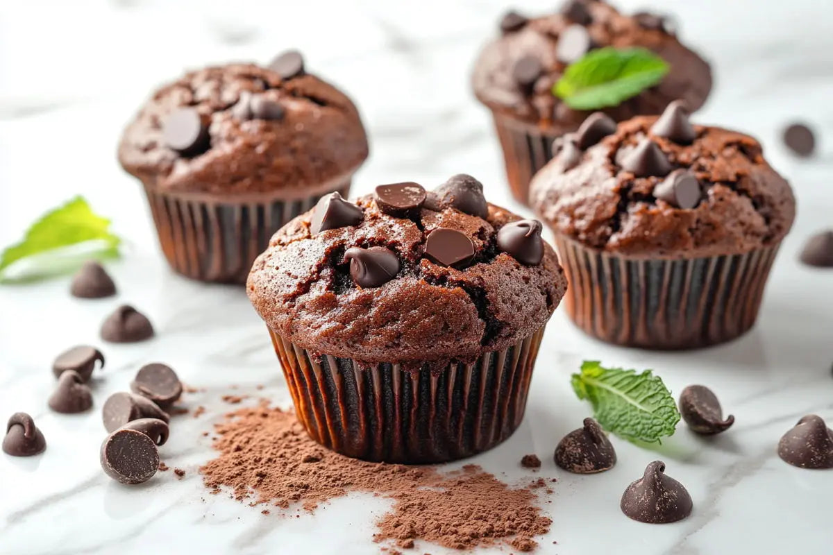 four_double_chocolate_muffins_on_the_white_surface_with_chocolate_chips