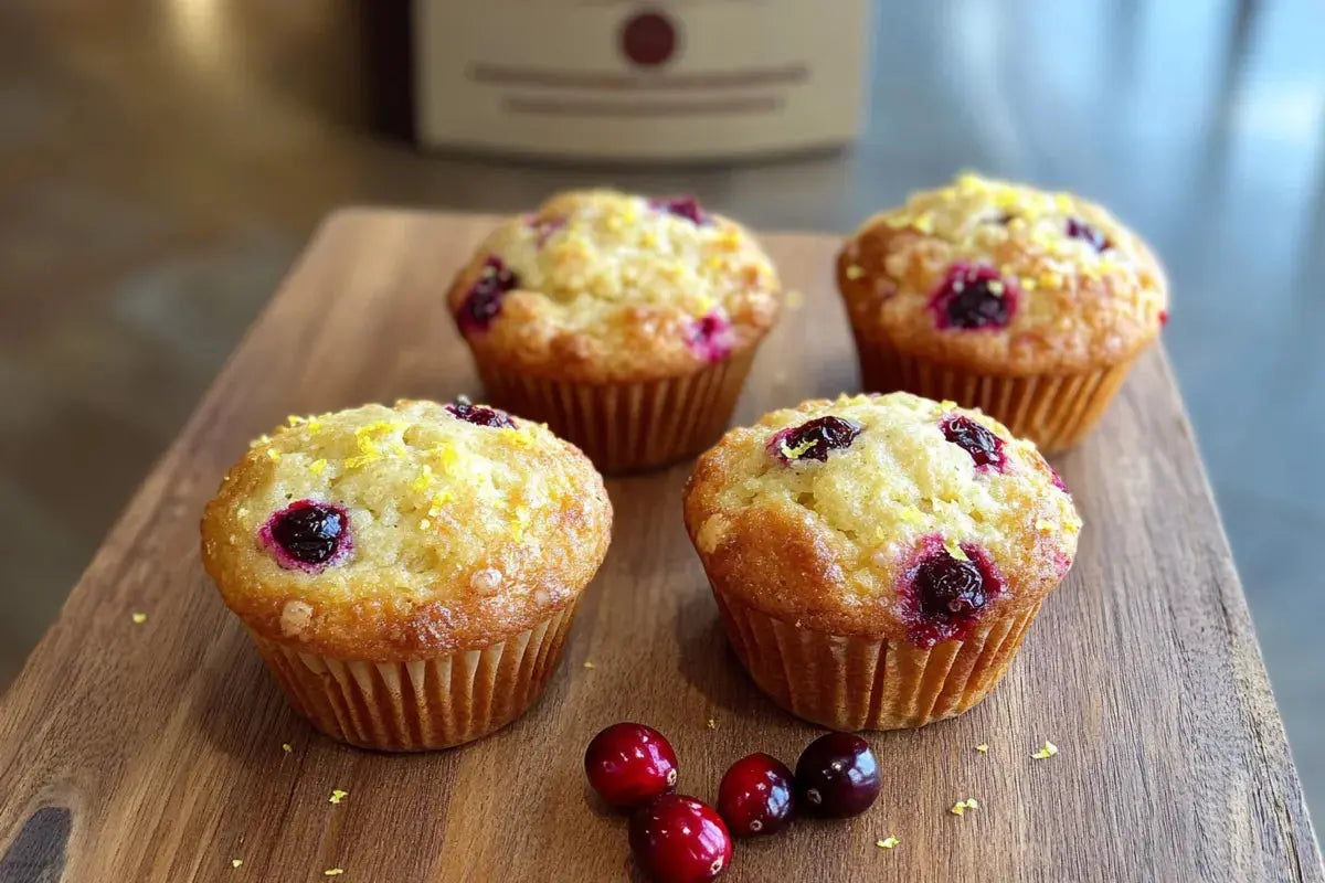 four lemon cranberry muffins on the wooden table
