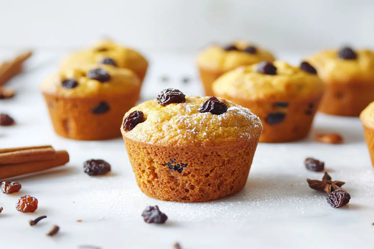 six_pumpkin_raisin_spice_muffins_sprinkled_with_white_delicious_powder