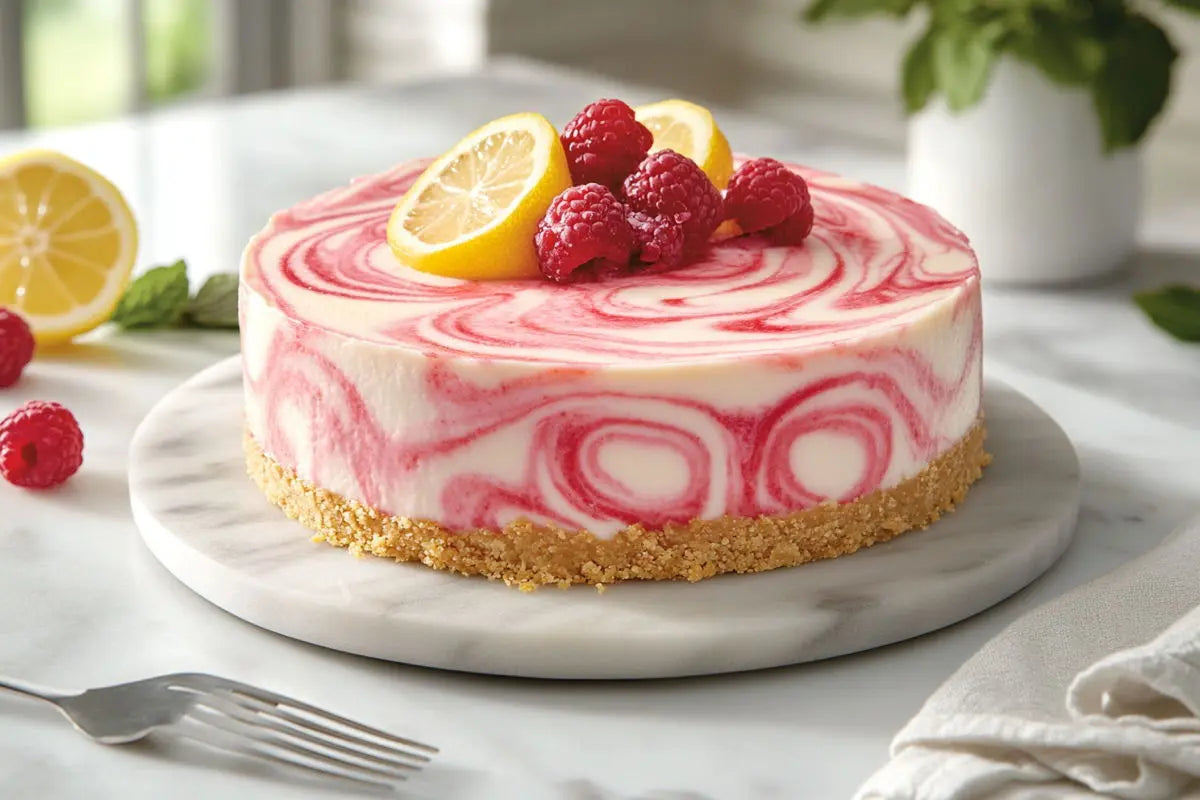 Raspberry-Lemon-Cheesecake_on_the_marble_tray_Decorated