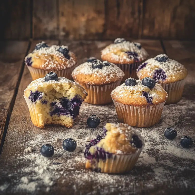 blueberry_muffins_sitting_on_the_wooden_table_sprinkled_with_sugar_powder_decorated _with-blueberries